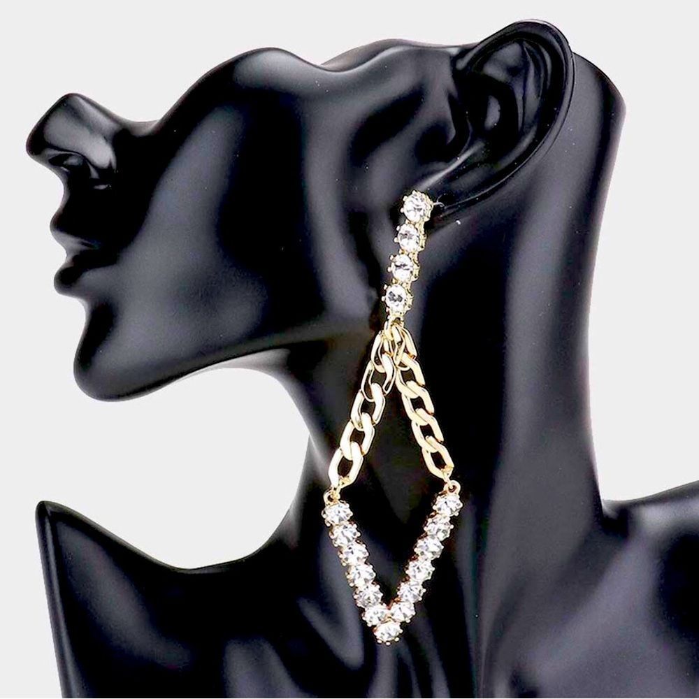 Gold Stone Chain Link Diamond Shaped Statement Earrings